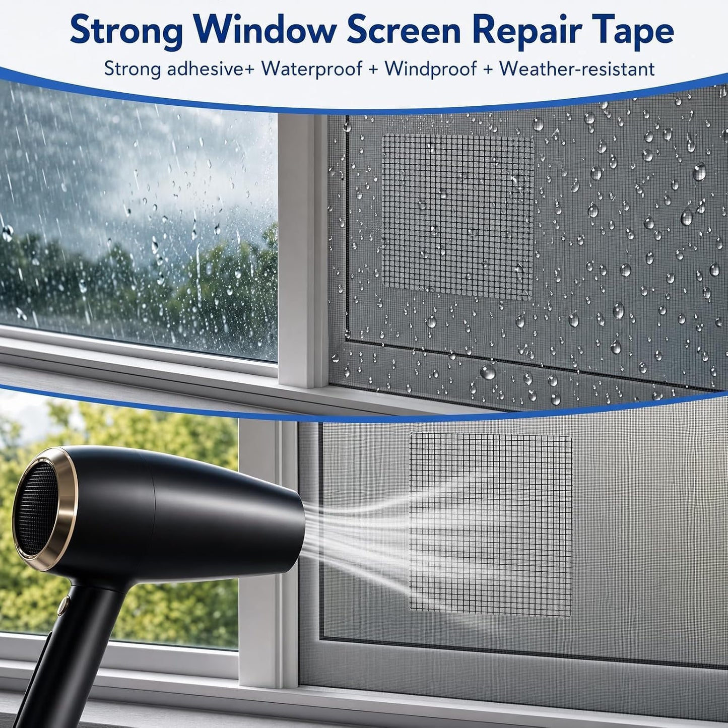 20Sheets Window Screen Patches Repair Kit, 4 Sizes Black Windows Screen Repair Mesh Tapes Blow Dryer, Self-Adhesive Windows Screen Repair Tapes for Window, Door, Screen Tears Holes