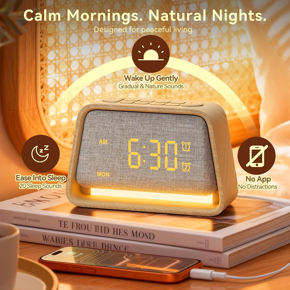 Vivilumens Dual Alarm Clock Wooden 20 White Noise Sound Machine