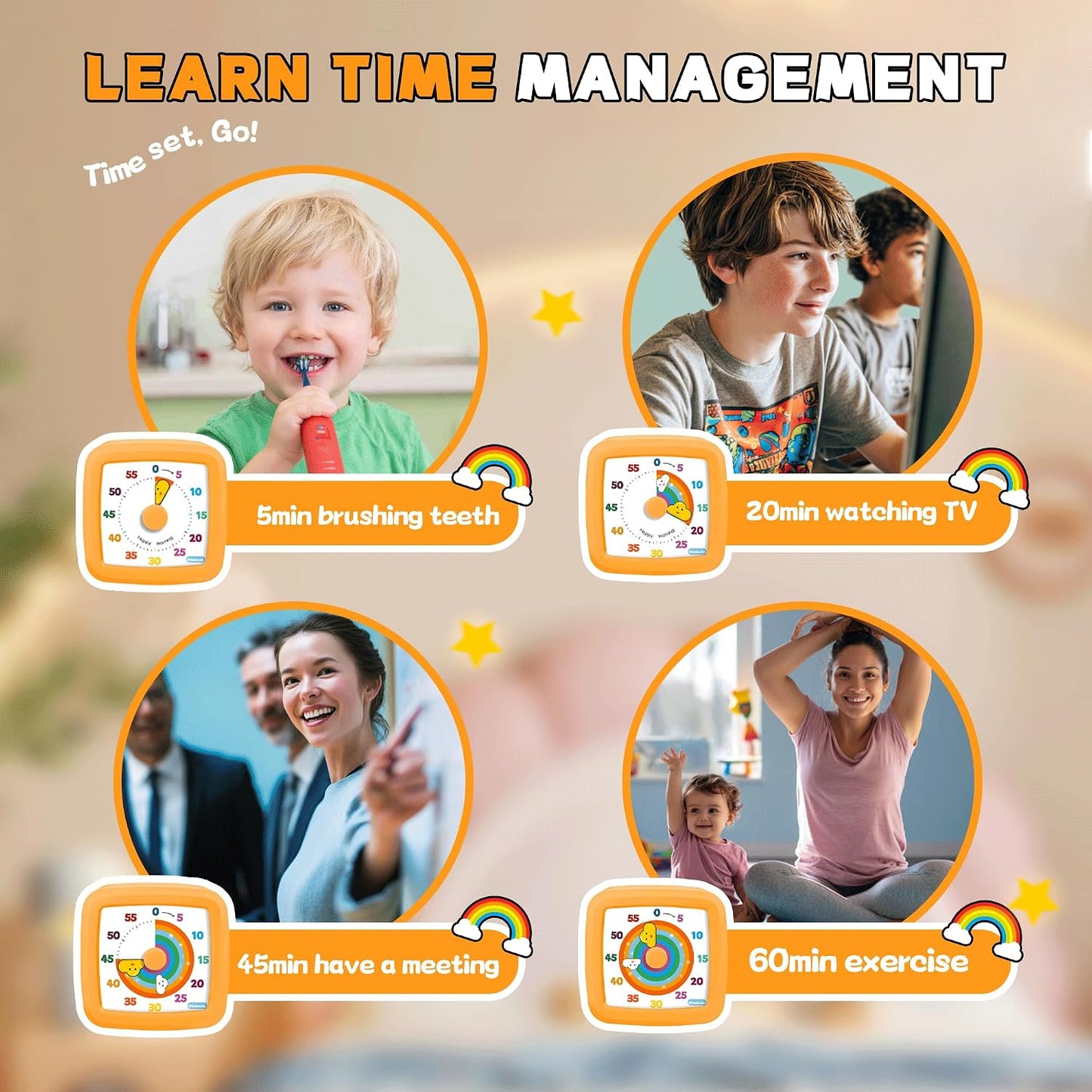 Visual Timer for Kids 60 Minute, Rainbow Countdown Clock with Silent Operation & Adjustable Alarm, Time Management Tool for Classroom, Kitchen, Toddler ADHD, Autism, Study, Pomodoro