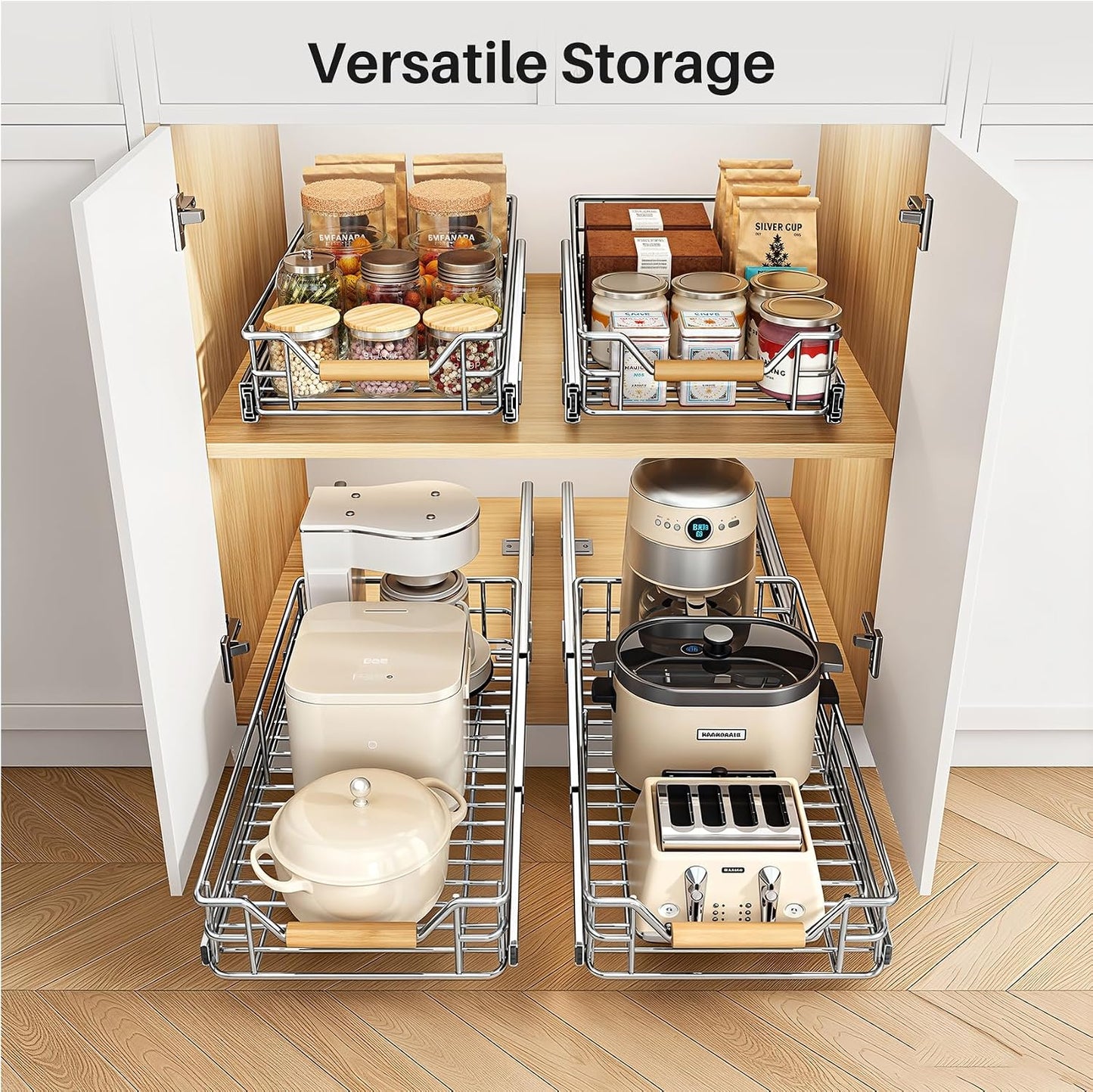 Pull out Cabinet Organizer, 15"W X 21"D, Heavy Duty Smooth Sliding Under Cabinet Shelves for Pots and Pans, Full-Extension Roll out Drawers, Slide out Organization for Home Kitchen Pantry