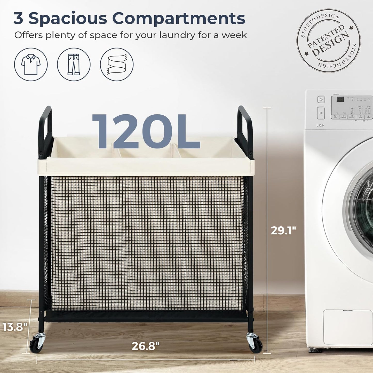 STO STO Laundry Hamper 2 Section, 100L Rolling Laundry Sorter Cart with Removable and Washable Liner Bag, Clothes Hamper with Wheels and Metal Handle for Laundry Room and Bedroom