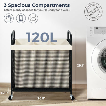 STO STO Laundry Hamper 2 Section, 100L Rolling Laundry Sorter Cart with Removable and Washable Liner Bag, Clothes Hamper with Wheels and Metal Handle for Laundry Room and Bedroom