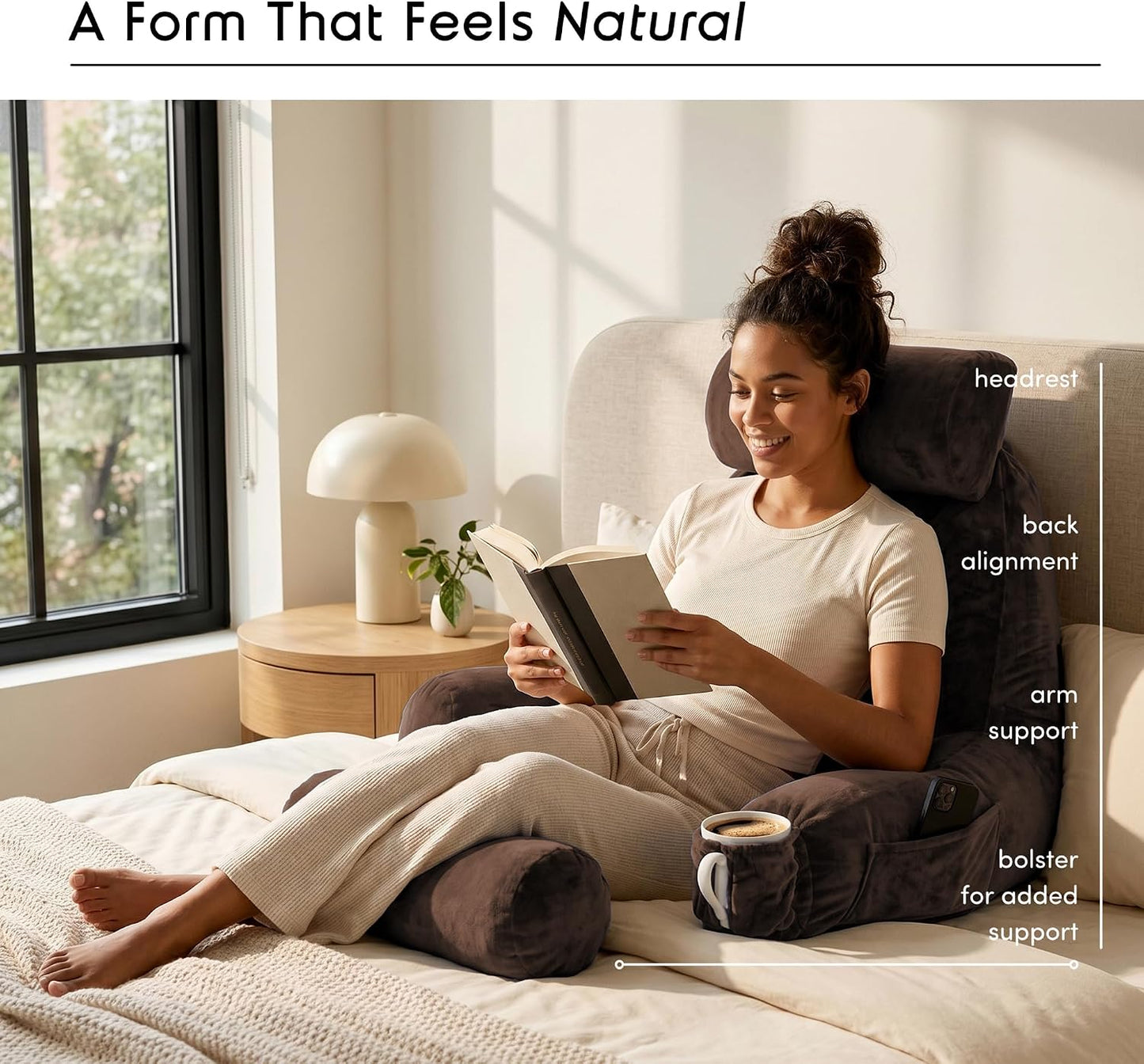 Nestl Reading Pillow with Shredded Memory Foam, Designed for Sitting Up in Bed and Couch, Back and Arms Adjustable Support for Adult & Teens Backrest Pillows for Reading, with Washable Cover Dark Grey
