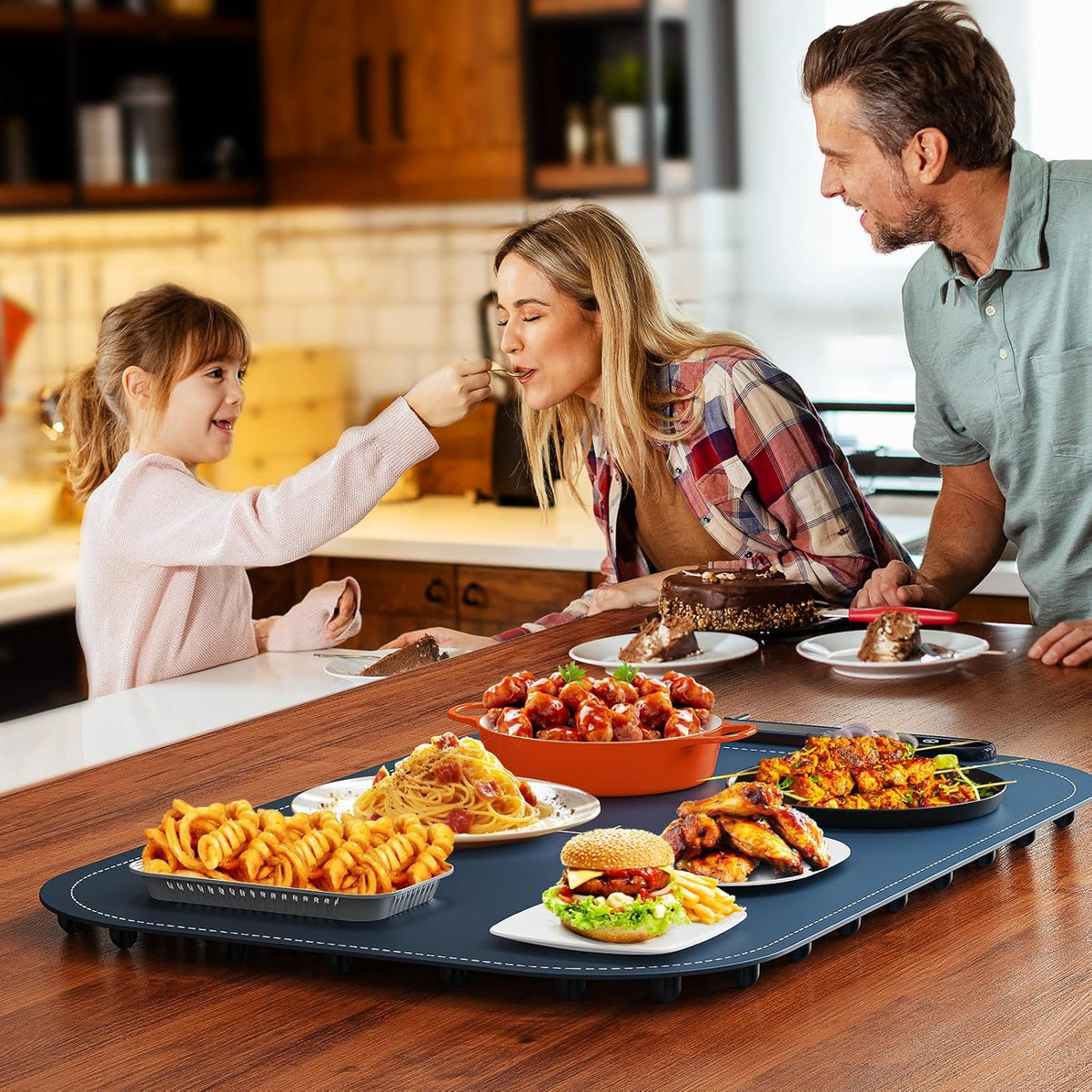 Warming Mat for Food, Voriah Electric Warming Tray with 3 Temp Settings & Auto Shut-Off, Food Warmer with Thick Silicone Surface to Keep Food Warm at Buffet, Parties, and Family Use（Dark Blue）