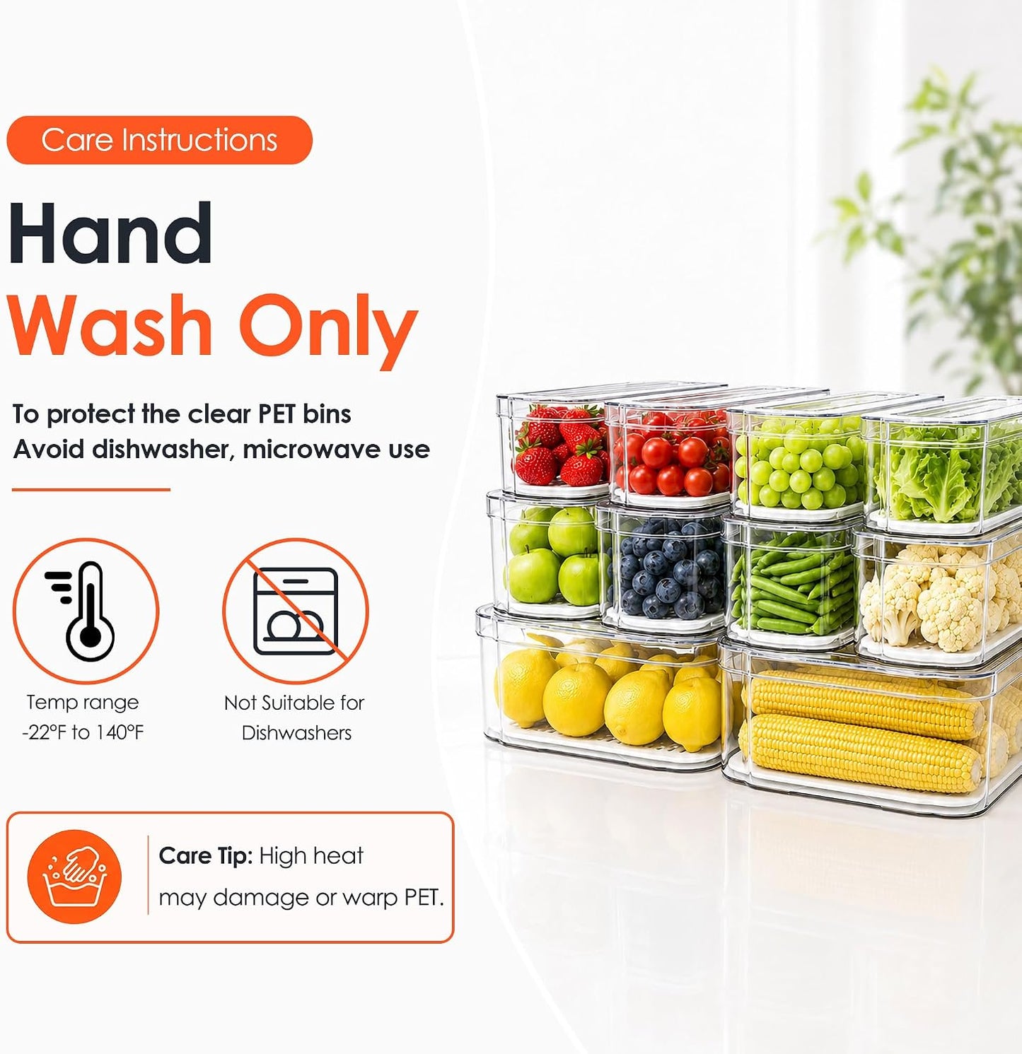 SMRCAD 6 Pack Clear Fridge Organizer Bins with Drain Trays - Stackable | BPA-Free PET, 6 Pack: 6 lidded Bins (Not drawer), Helps Keep Produce Fresh, 14L Capacity, Hand Wash Only
