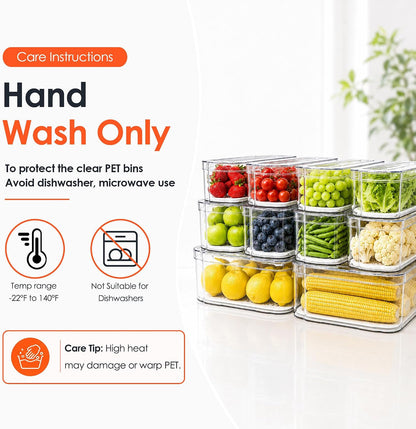 SMRCAD 6 Pack Clear Fridge Organizer Bins with Drain Trays - Stackable | BPA-Free PET, 6 Pack: 6 lidded Bins (Not drawer), Helps Keep Produce Fresh, 14L Capacity, Hand Wash Only