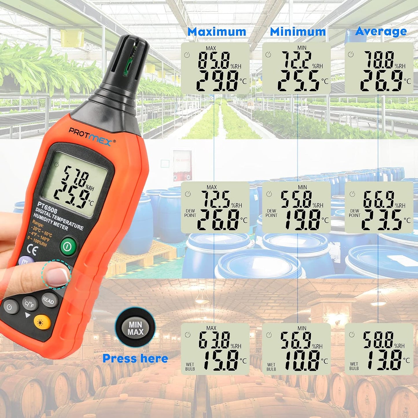 PT6508 Temperature Humidity Meter - Wet Bulb for Indoor/Outdoor | Digital Thermometer Hygrometer Monitor with Ambient, Dew Point, MIN, MAX, Data Hold, LCD Backlight