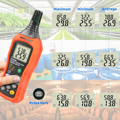 PT6508 Temperature Humidity Meter - Wet Bulb for Indoor/Outdoor | Digital Thermometer Hygrometer Monitor with Ambient, Dew Point, MIN, MAX, Data Hold, LCD Backlight