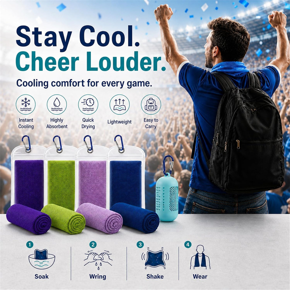 Cooling Towels 4 Pack with Silicone Case, 5 Carabiners, 40 x 12 in