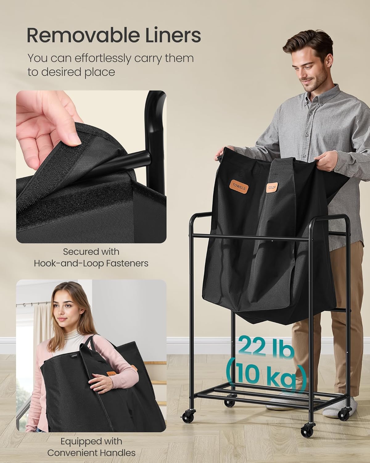 SONGMICS 2-Section Laundry Sorter, Laundry Hamper with Wheels, Rolling Clothes Hamper Cart with Large Capacity and Removable Bags, for Laundry Room, Bedroom, Bathroom, Ink Black URLS210B01 | Rolling Clothes Hamper Cart, Large Capacity, for Laundry Room,