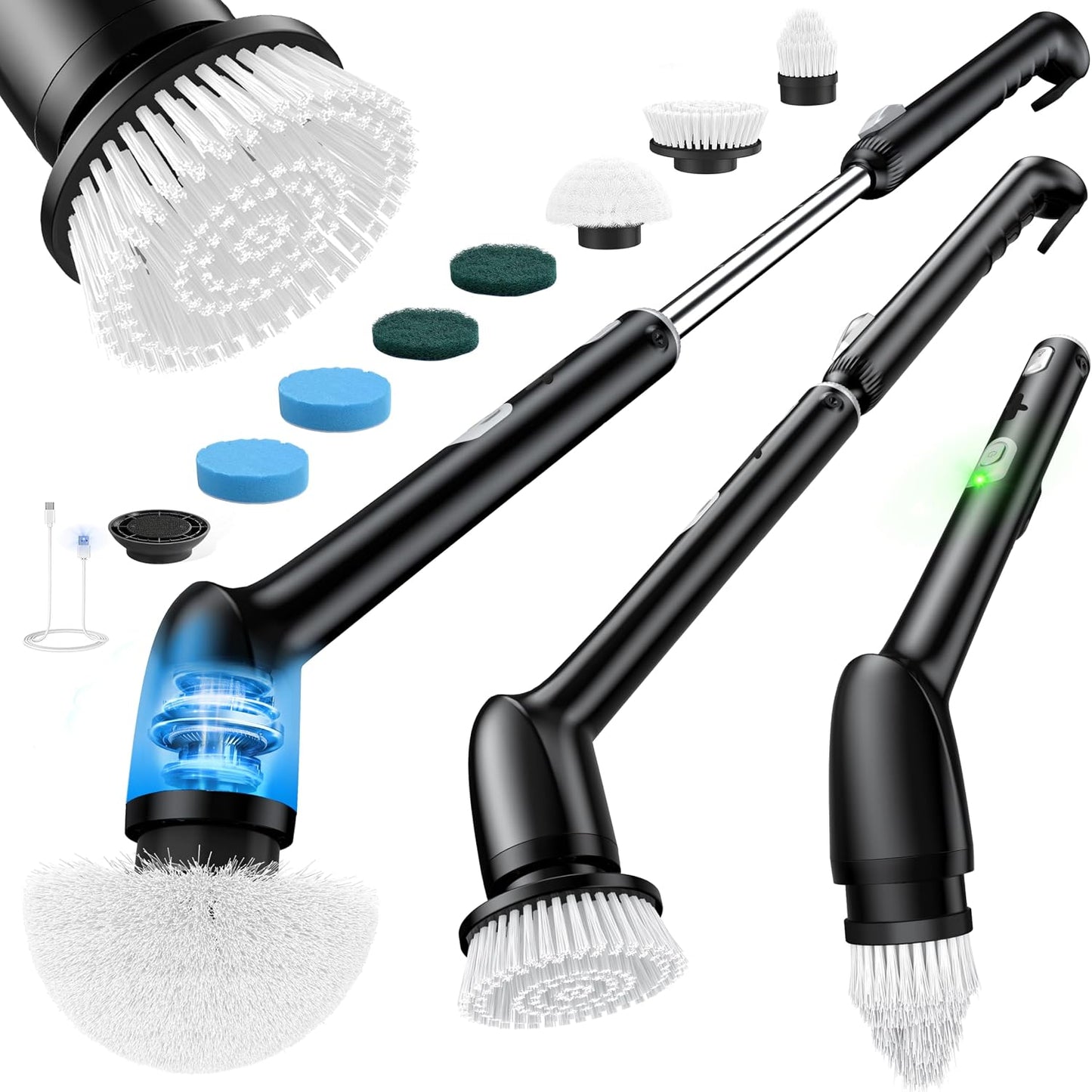 Electric Cleaning Brush, New Full-Body IPX7 Waterproof & 42inch Long Handle | Bathroom Cleaner Brush, Shower Scrubber, 3 Handle Lengths & 7 Heads Replacement, Cleaning Supplies for Tub Shower Tile Floor