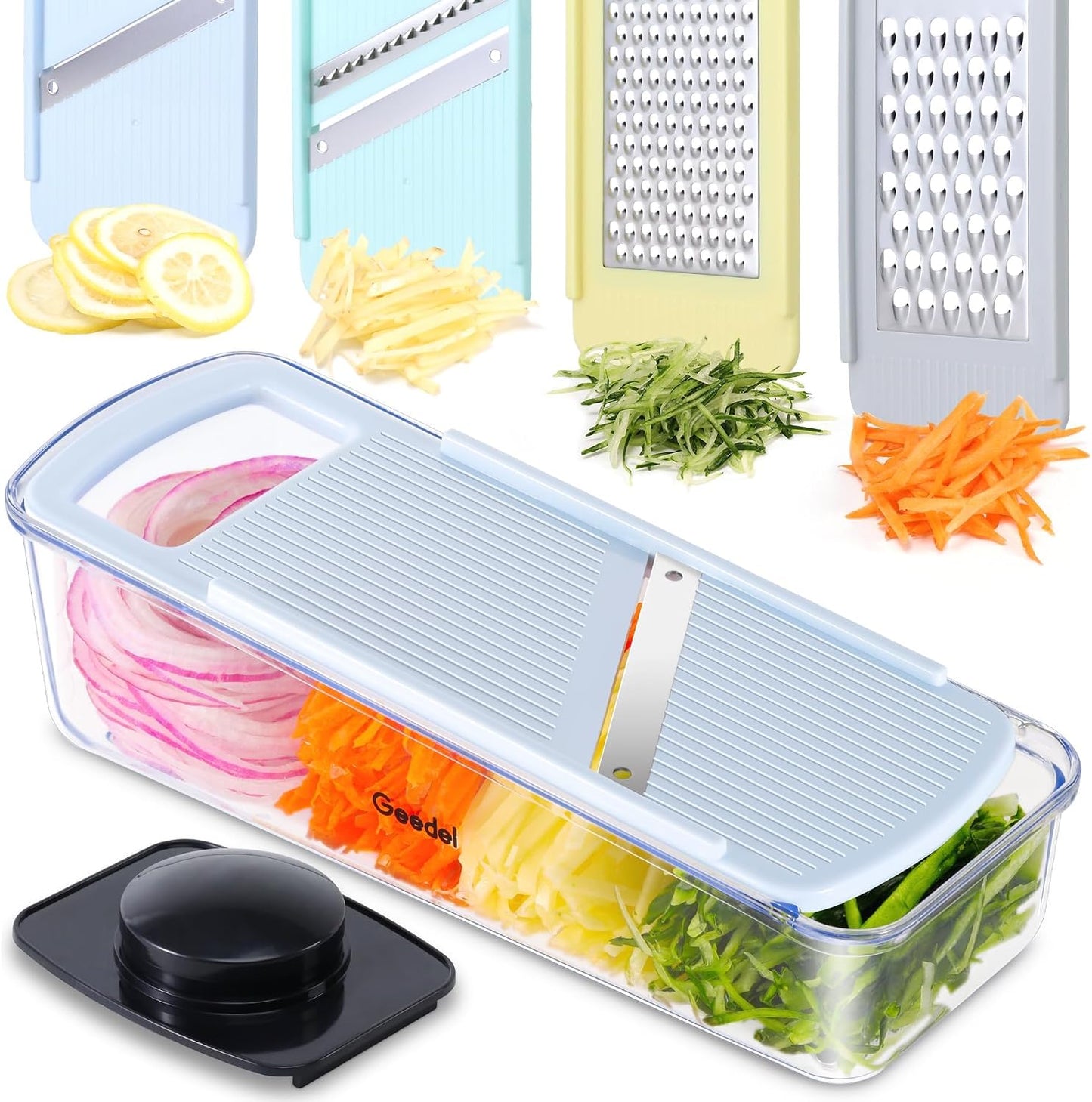 Geedel Professional Mandoline Slicer for Kitchen, Multi Purpose Vegetable Slicer Cutter, Vegetable Cutter Onion Cutter for Veggie Fruit Cheese | Slice, Shred & Julienne, Sharp Stainless Steel Blades, Dishwasher Safe, No BPA, Safety Hand Guard, For
