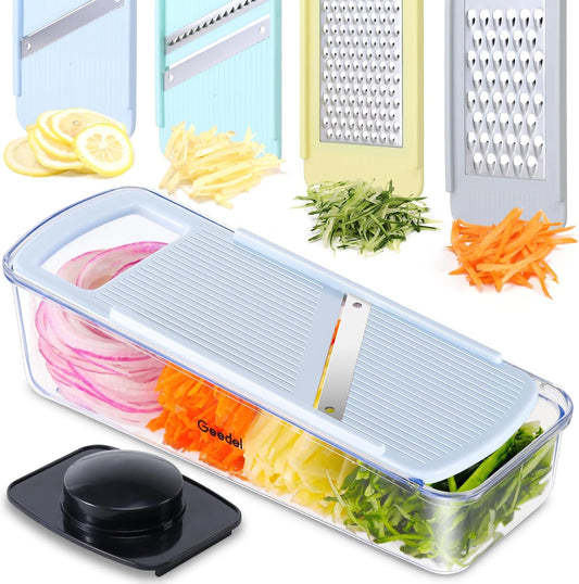 Geedel Professional Mandoline Slicer for Kitchen, Multi Purpose Vegetable Slicer Cutter, Vegetable Cutter Onion Cutter for Veggie Fruit Cheese | Slice, Shred & Julienne, Sharp Stainless Steel Blades, Dishwasher Safe, No BPA, Safety Hand Guard, For