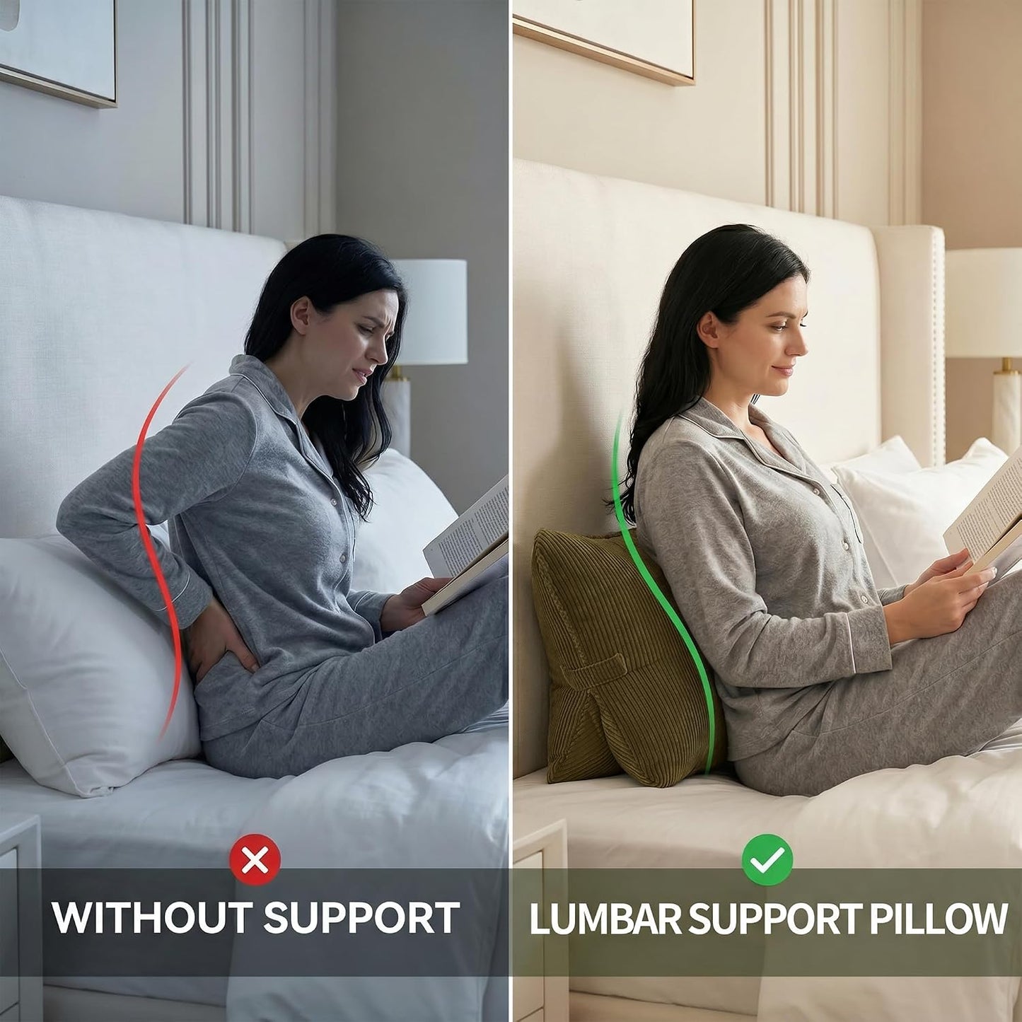 Pat. Pend. Corduroy Lumbar Support Back Pillow for Watching TV, Reading & Gaming, Ergonomic Triangle Support Cushion for Sofa, Armchair & Bed Sitting, Removable Washable Cover, Beige Gray
