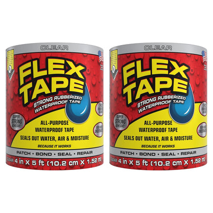 Flex Tape, Original Thick Flexible Rubberized Waterproof Tape - Seal and Patch Leaks, Works Underwater, Indoor Outdoor - Home RV Roof Plumbing and Pool Repairs, Clear, 4 in x 5 ft, Pack of 1