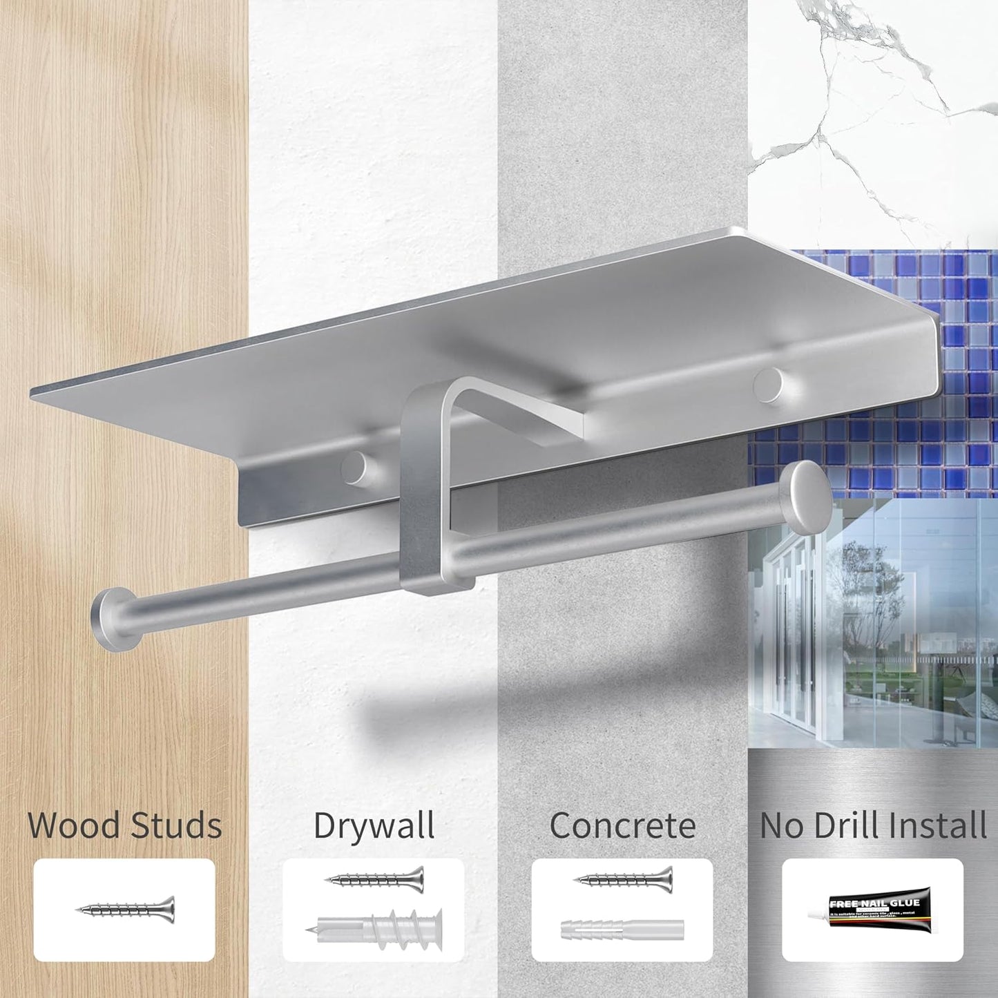 Matte Black Toilet Paper Holder with Shelf, Wall-Mounted Bathroom Organizer, Double Roll