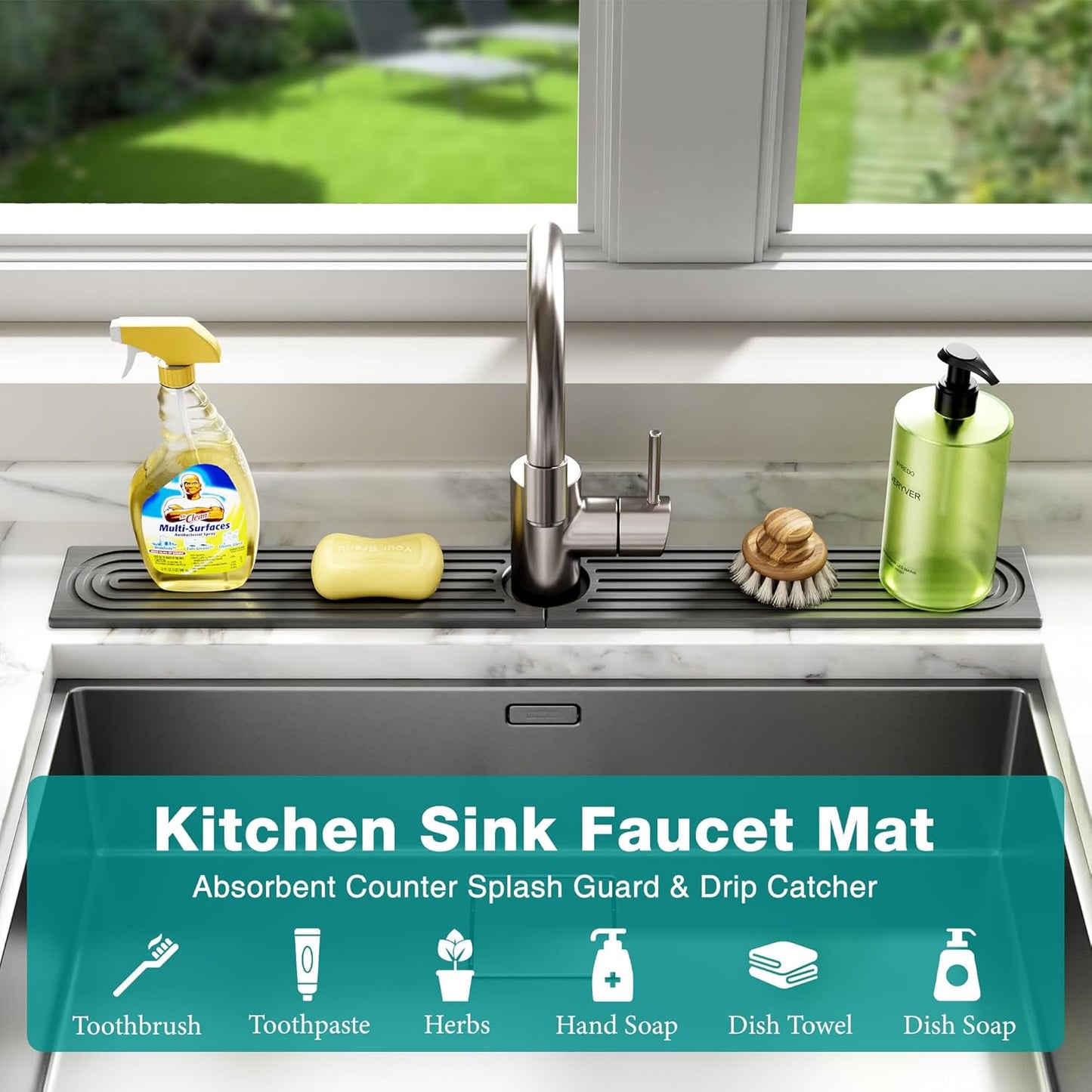 Stone Faucet Mat for Kitchen Sink - Quick Dry Diatomite Sink Splash Guard, Prevents Moisture Buildup & Water Stains, Water Absorbing Stone Tray for Bathroom Countertop (Dark Gray, 23.6" x 4")