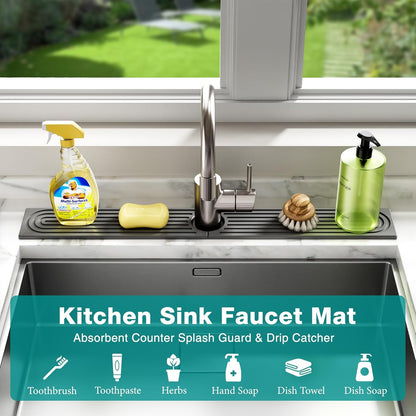 Stone Faucet Mat for Kitchen Sink - Quick Dry Diatomite Sink Splash Guard, Prevents Moisture Buildup & Water Stains, Water Absorbing Stone Tray for Bathroom Countertop (Dark Gray, 23.6" x 4")