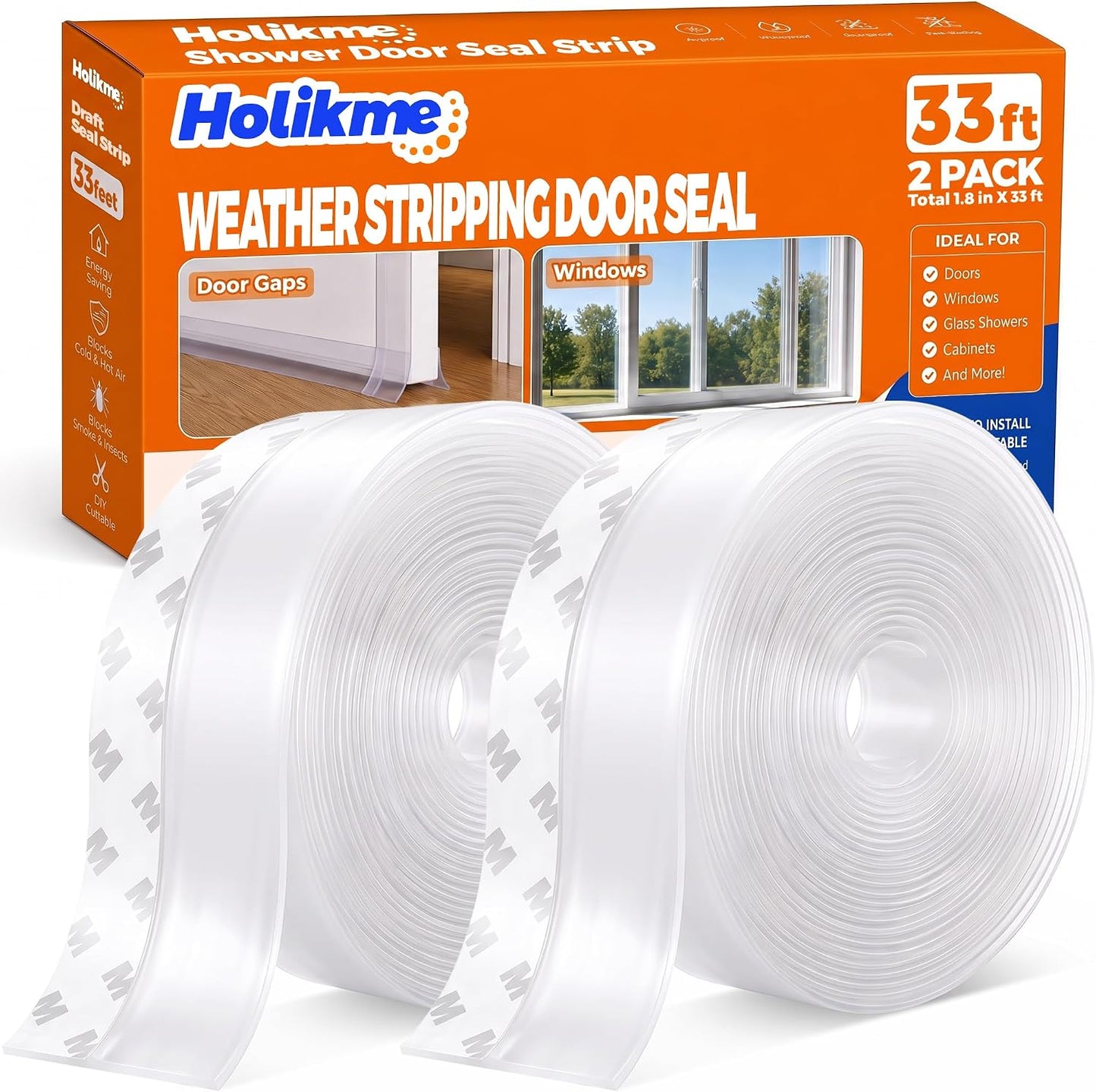 Holikme Weather Stripping Door Seal, Shower Door Seal Strip,1.8" W-33Feet | Flexible Door Seal, Seals Gaps up to 1.2", Helps Reduce Air Leaks & Dust, For Doors & Windows