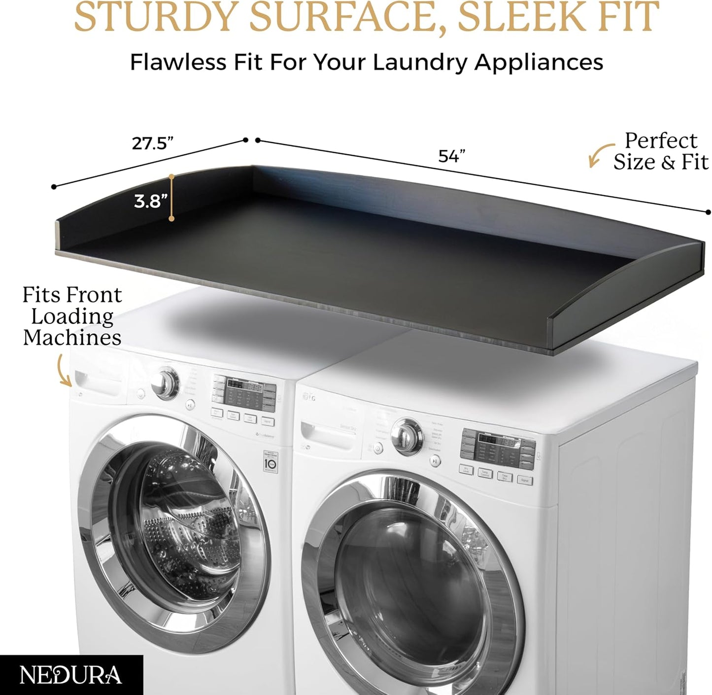 Nedura Washer Dryer Countertop with Anti-Vibration Pads, Curved Edge Rails, Premium Bamboo Laundry Countertop, Washer Dryer Topper, Laundry Room Organization, Laundry Room Accessory – Dark Walnut