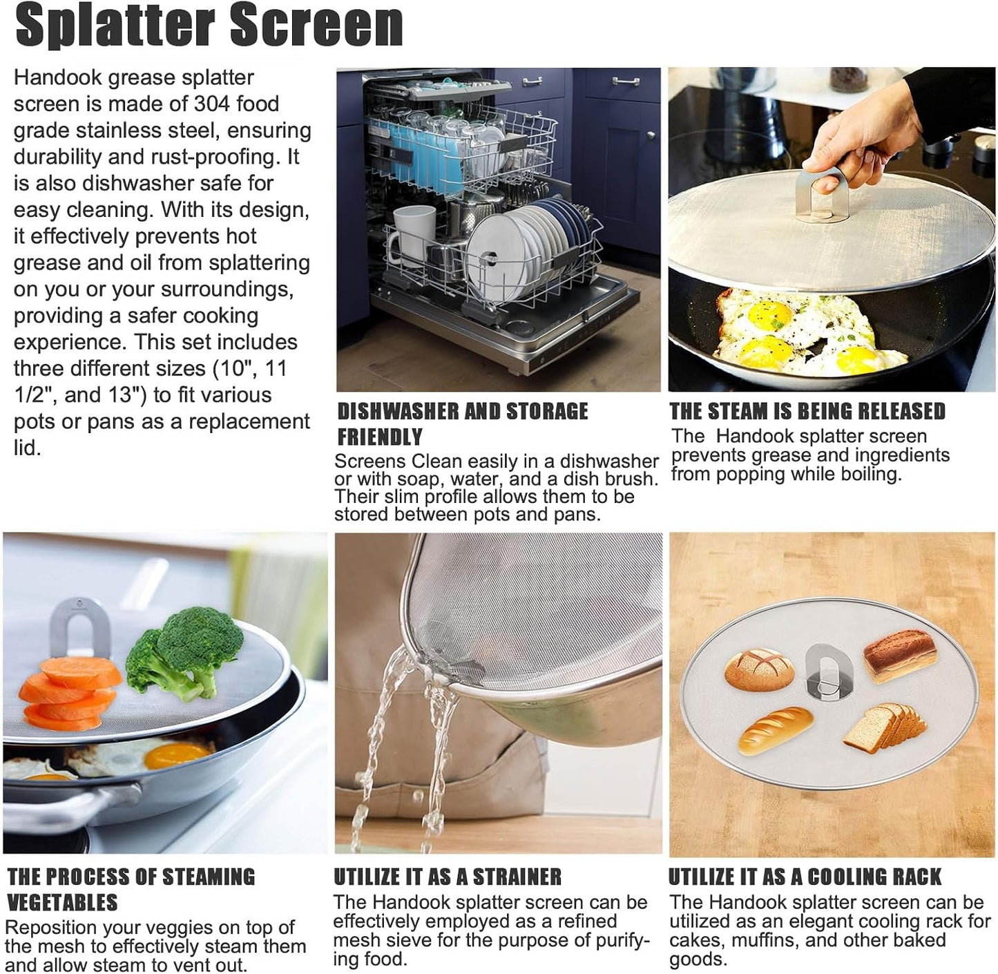Splatter Screen for Frying Pan, Set of 3 (10", 11.5", 13") | Stainless Steel Grease Splatter Guard for Frying Pan, No Cooking Oil Mess No Burns, Ultra Fine Mesh Lids