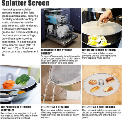 Splatter Screen for Frying Pan, Set of 3 (10", 11.5", 13") | Stainless Steel Grease Splatter Guard for Frying Pan, No Cooking Oil Mess No Burns, Ultra Fine Mesh Lids