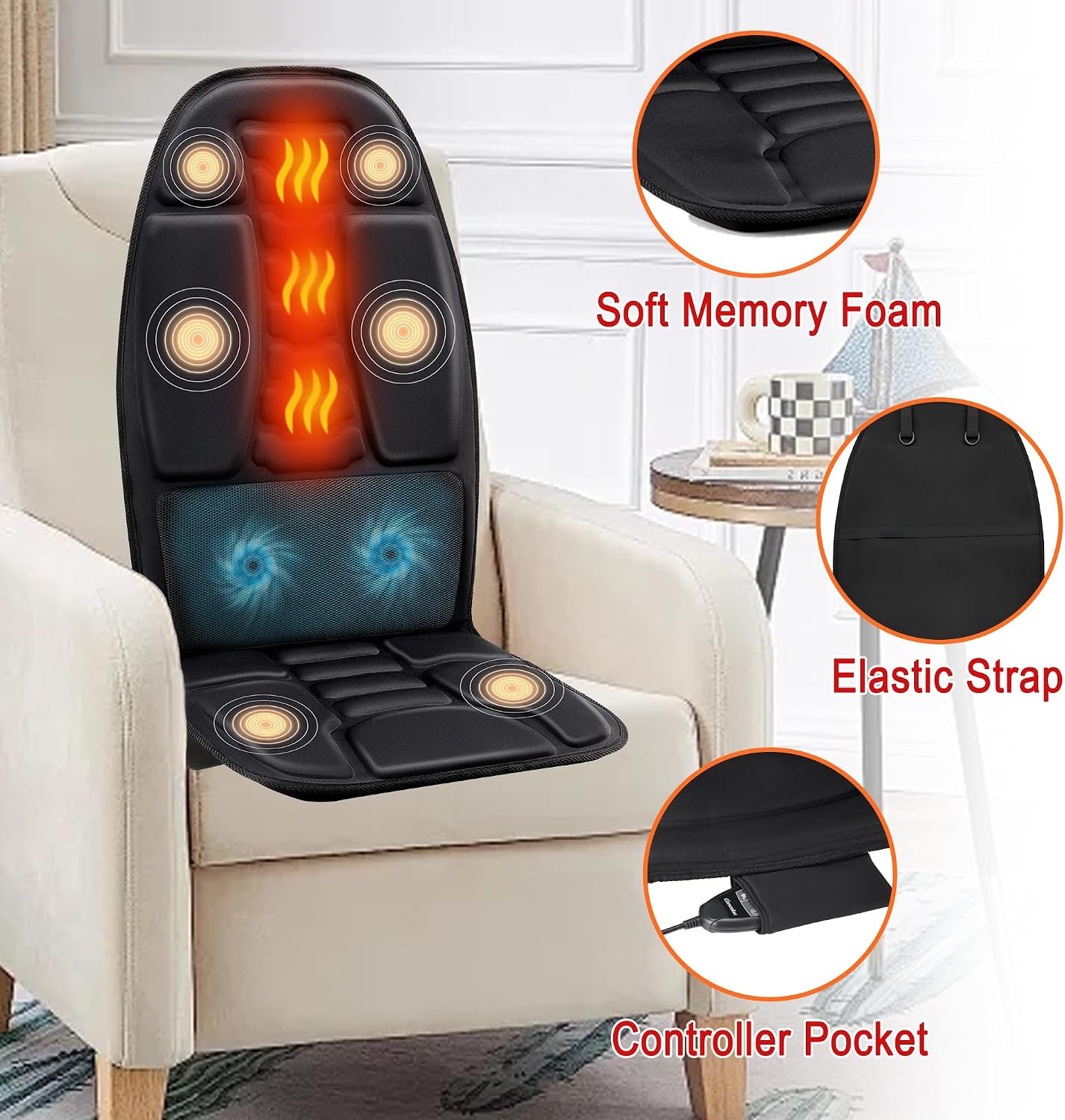 Massage Seat Cushion with Heat, 6-Motor Vibration Back Massager for Chair, Chair Massager Pad with 4 Modes & 3 Intensities for Office Chair, Sofa and Recliner