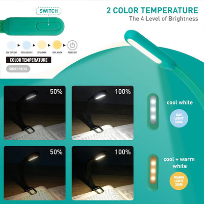 Rechargeable Book Light for Reading in Bed, 4 Color Temperatures Eye-Caring LED, Portable Clip On Reading Light with Magnetic Base, Hands-Free for Travel, Night Reading (Black)