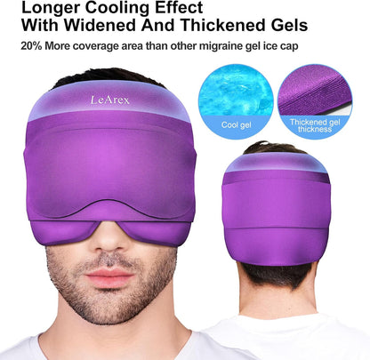 2 in 1 Migraine Relief Cap with Gel Eye Mask, Headache Relief Cap Ice Head Wrap Hot and Cold Therapy Hat Gift for Women for Headache Puffy Eyes Sinus and Tension Stress Relief (Light Purple)