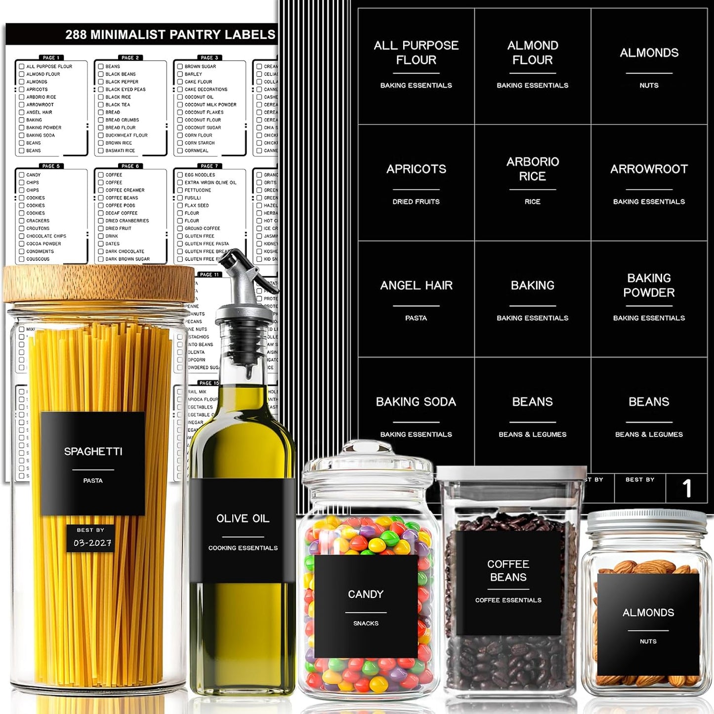 288 Pantry Labels for Food Containers, Black Preprinted Minimalist Waterproof Stickers for Organizing Storage Bins, Jars and Kitchen