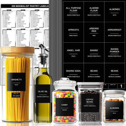 288 Pantry Labels for Food Containers, Black Preprinted Minimalist Waterproof Stickers for Organizing Storage Bins, Jars and Kitchen
