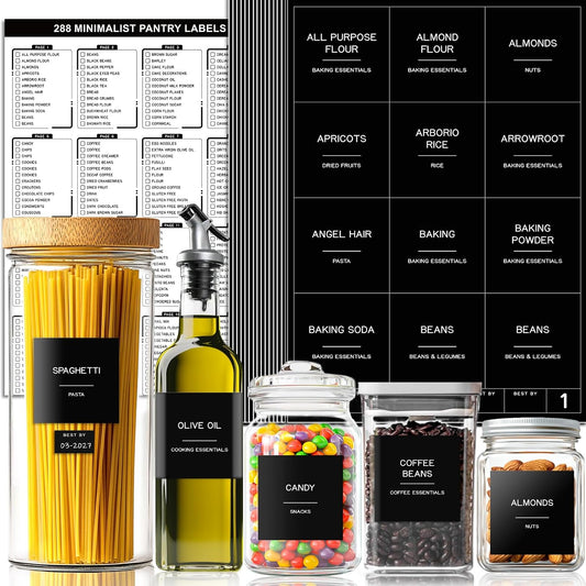 288 Pantry Labels for Food Containers, Black Preprinted Minimalist Waterproof Stickers for Organizing Storage Bins, Jars and Kitchen