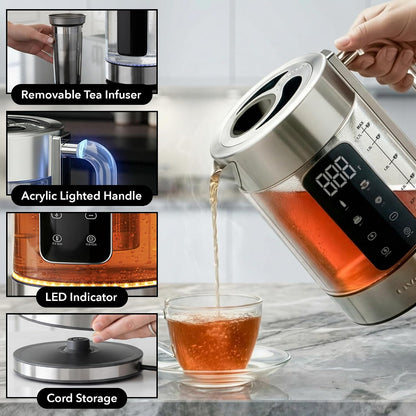 OVENTE 1.8L Glass Electric Kettle with Tea Infuser, Silver KGD752S | 1500W Fast Boiling, Easy Fill Lid, 7 Temperature Control, Keep Warm, Digital Display, Auto Shut-Off, Boil-Dry Protection