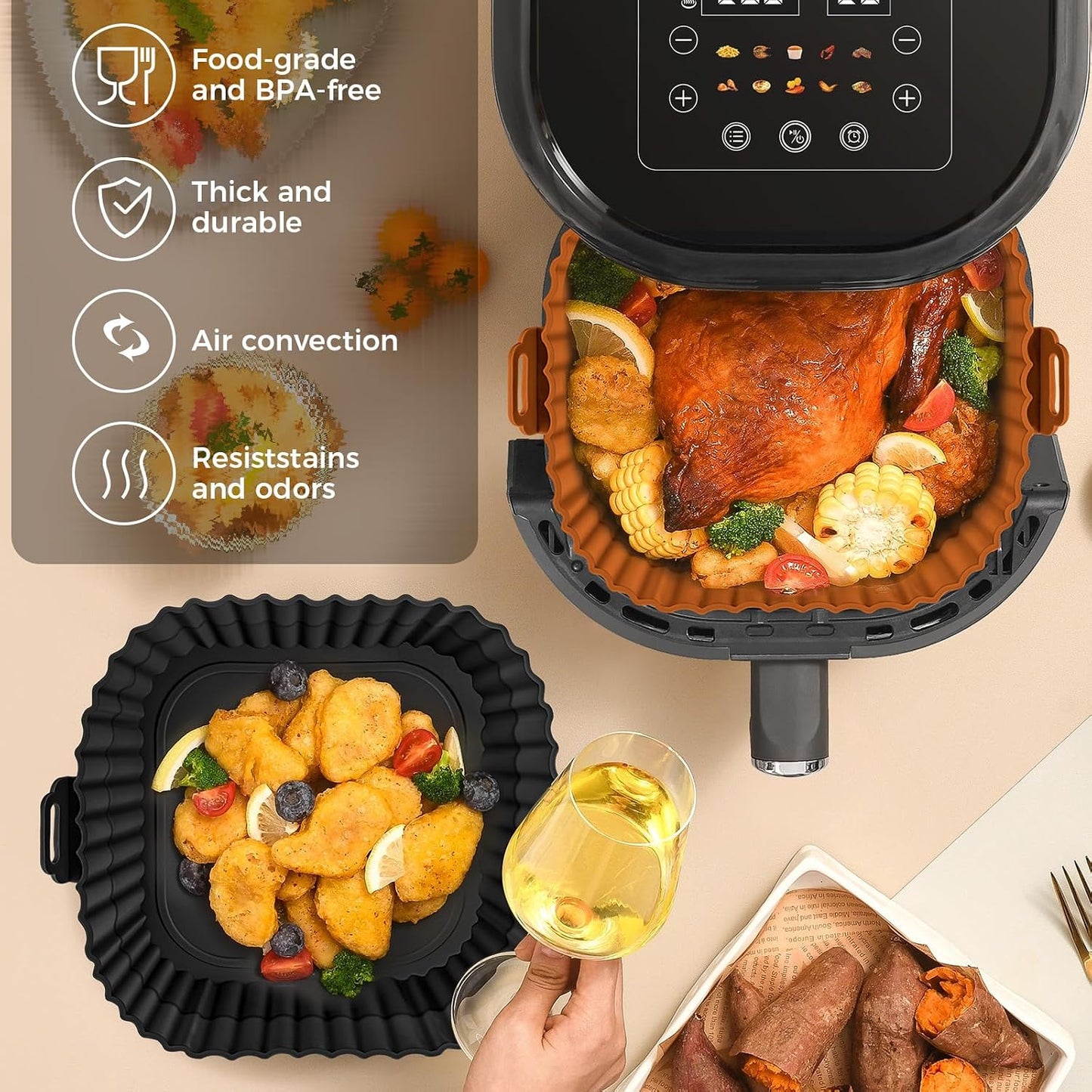3 Pack Air Fryer Silicone Liners 8inch Air Fryer Silicone Pot Reusable Food Grade Silicone Airfryer Liners Baking Basket Accessories Replacement of Flammable Disposable Parchment Paper