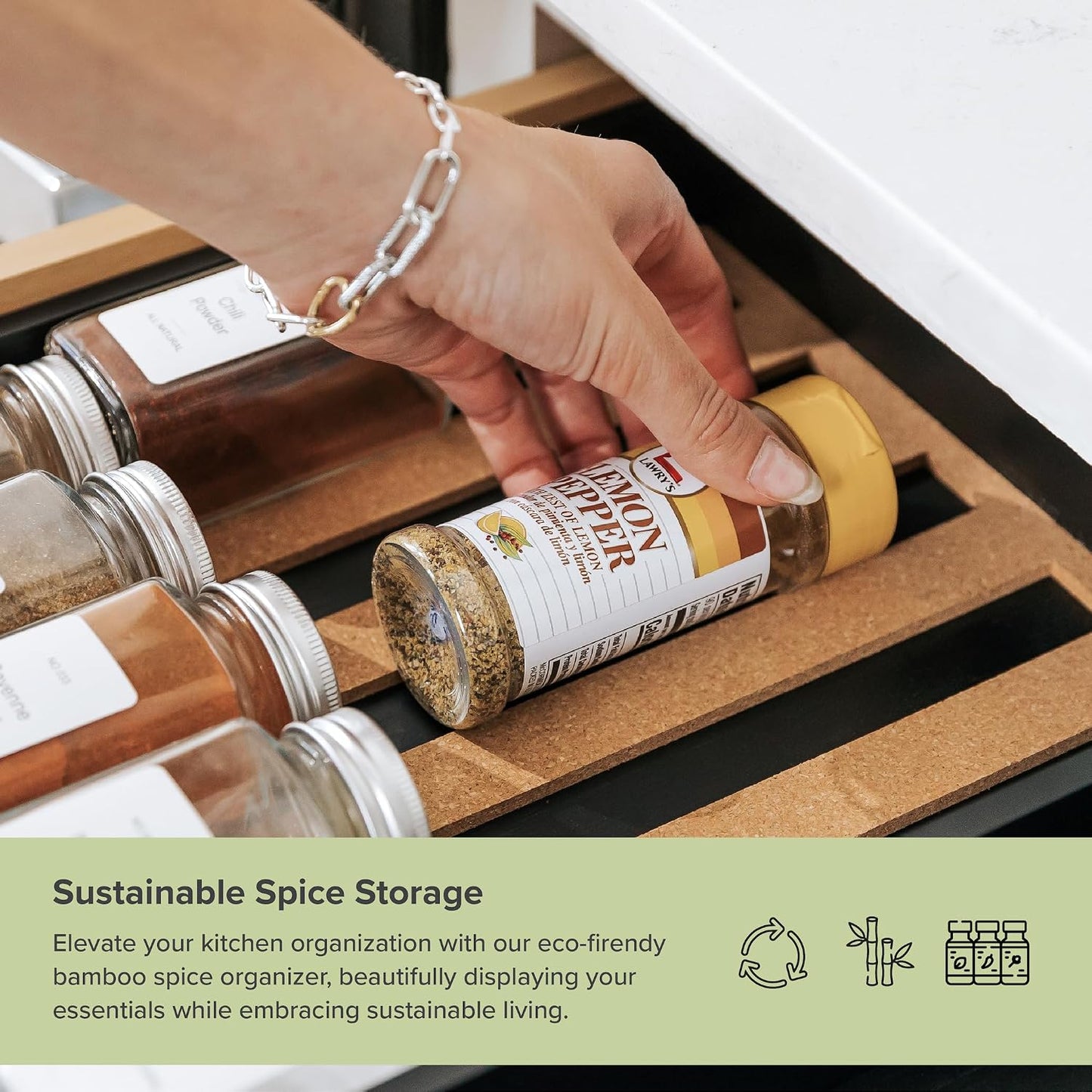 Expandable Spice Drawer Organizer, Bamboo | Holds up to 15 spice jars (not included), non-slip feet, 100% sustainable bamboo wood