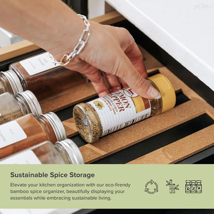 Expandable Spice Drawer Organizer, Bamboo | Holds up to 15 spice jars (not included), non-slip feet, 100% sustainable bamboo wood