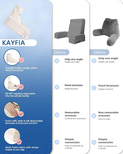 Kayfia Reading Pillow, 30-90° Stepless Adjust Angle & Height, Large, Grey | 2 in 1 Back Wedge Pillow for Bed Sitting up, Adjustable Headrest, Backrest Pillow for Reading/Gaming/Working in Bed or Couch