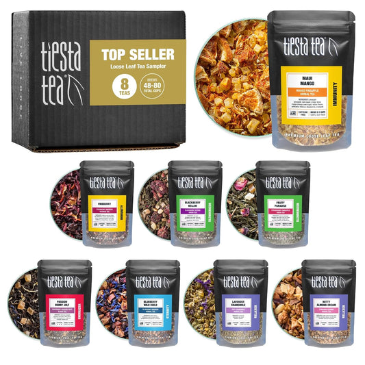 Tiesta Tea - Top 8 Favorites Sampler Set, Loose Leaf, Up to 80 Cups | High to No Caffeine, Hot & Iced, Tea Variety Pack with Green, Herbal, & Black, 8 Sample Pouches
