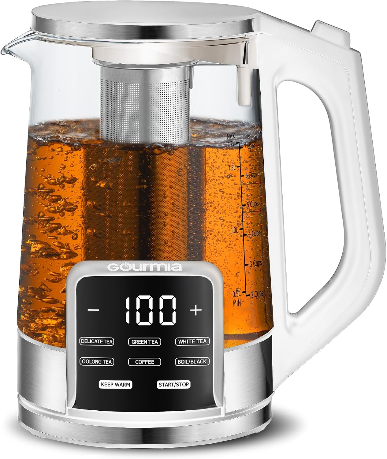 Gourmia Electric Glass Kettle – 1.7L Programmable Tea & Coffee Brewer with Digital Touch Display, 6 Presets, Removable Stainless Steel Infuser, Cordless with 360° Swivel Base, Black