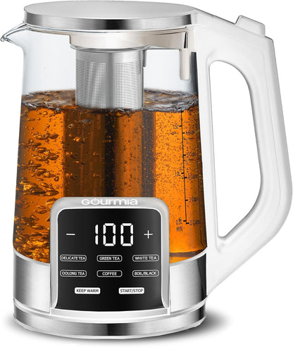 Gourmia Electric Glass Kettle – 1.7L Programmable Tea & Coffee Brewer with Digital Touch Display, 6 Presets, Removable Stainless Steel Infuser, Cordless with 360° Swivel Base, Black