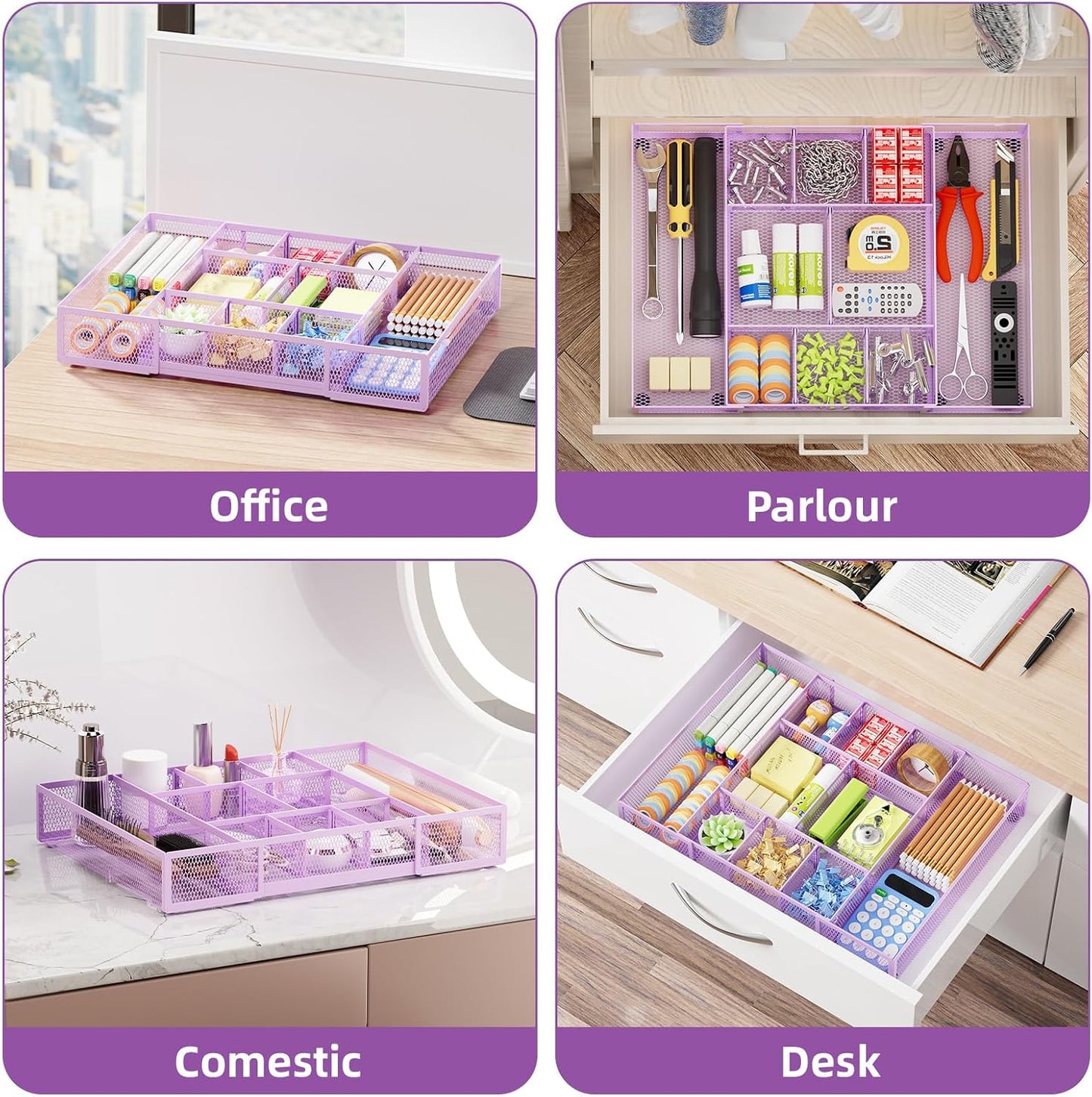 Marbrasse Expandable Desk Drawer Organizer, Mesh Drawer Organizer Tray with 10 Adjustable Compartments, Desk Organizers and Accessories, 5 Dividers Drawer for Office Supplies, Makeup & Vanity (Black)