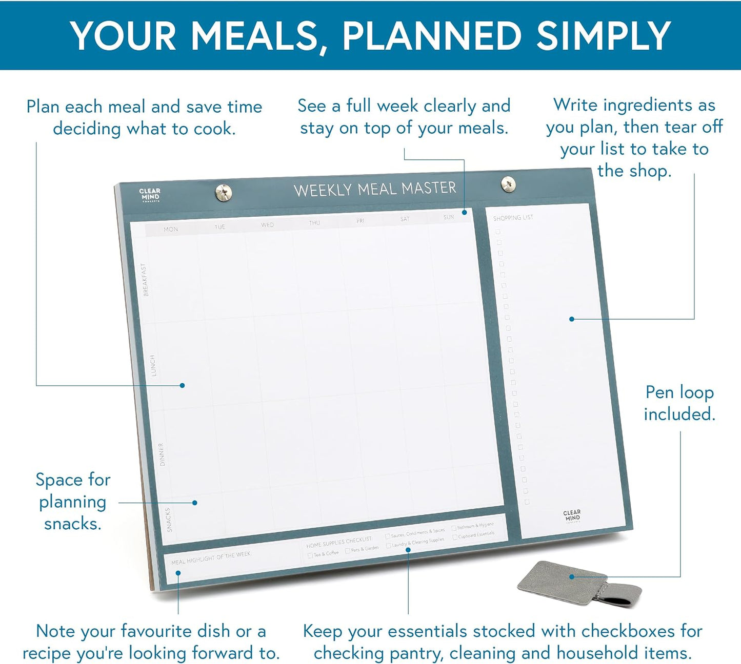 Magnetic Weekly Meal Planner for Fridge - 52 Undated Tear Off Sheets with Grocery List - Thick 120gsm No Bleed Paper - Strong Full Width Magnet - Family Meal Planning Board 11.3 x 8.3 | Undated weekly meal planner with tear-off shopping list, thick