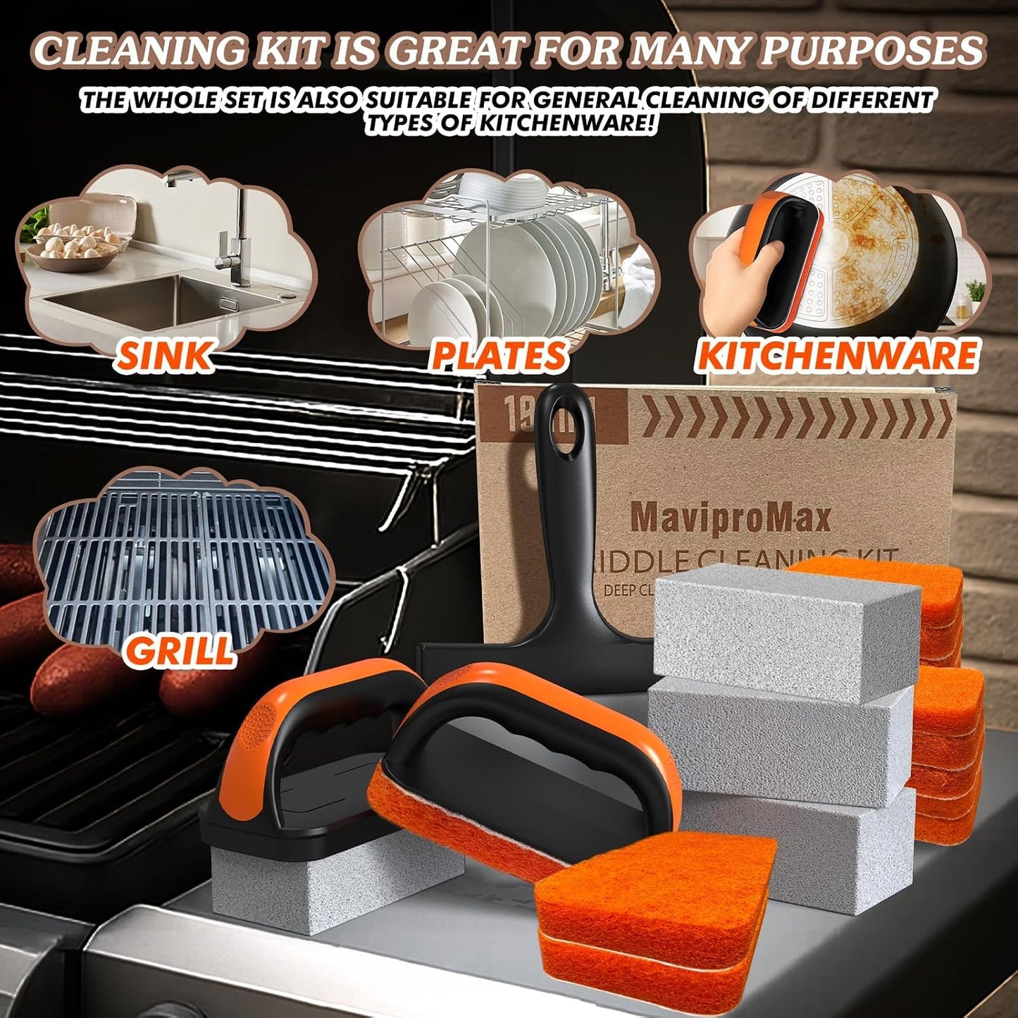 19 in 1 Griddle Cleaning Kit for Blackstone Accessory Cleaner Tool | Ergonomic Handle 12 Cleaning Pads 4 Grill Stone Griddle Scraper for Flattop Grill Cleaning, Easy to Remove Stain