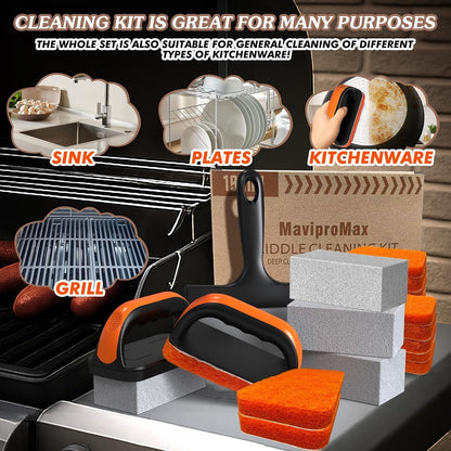 19 in 1 Griddle Cleaning Kit for Blackstone Accessory Cleaner Tool | Ergonomic Handle 12 Cleaning Pads 4 Grill Stone Griddle Scraper for Flattop Grill Cleaning, Easy to Remove Stain