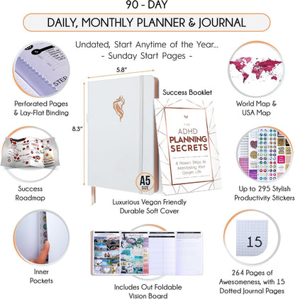 Freedom Mastery Daily Journal of Gratitude, Productivity & Habit Tracker | Undated 90-Day Planner with Daily Reflection, Mindfulness, Positivity, Vision Board & Stickers, Gratitude Journal for Women