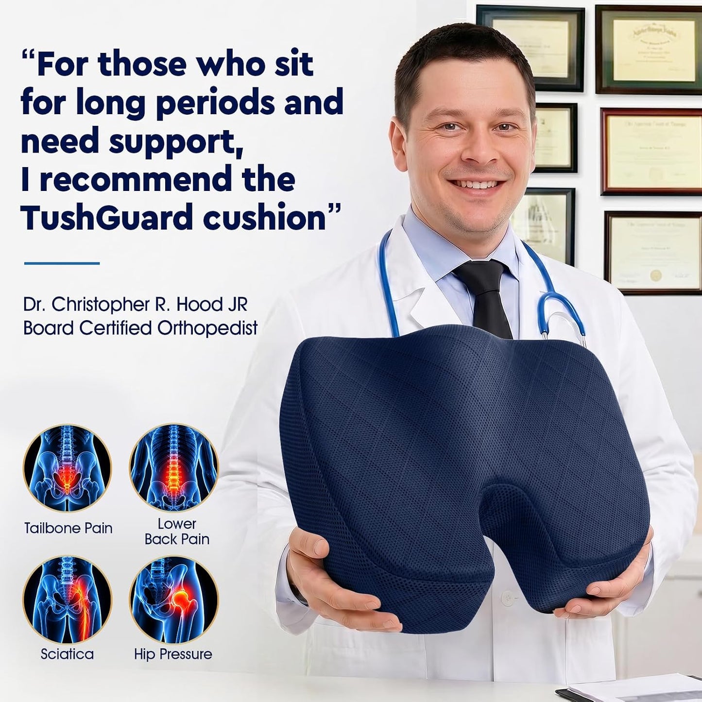 TushGuard Office/ Car Seat Cushion, Non-Slip Sciatica & Back Coccyx Tailbone Pain Relief Chair Pad, Memory Foam Butt Pillow for Computer Desk, Wheelchair, Driving (Black)