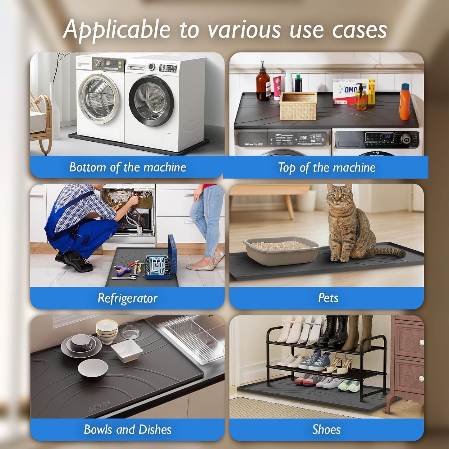 Washing Machine Drain Pan Silicone Mat,53.5x26.8inch Non-Slip Waterproof Washer Tray,Raised Edge Drip Mat for Under Dryer or Washer,Anti-Vibration,Floor Leak Protector for Laundry Room