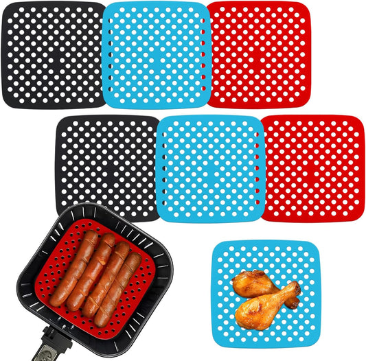 6 Pack Square Silicone Air Fryer Liners – 8.5 Inch / 21.6 cm Reusable Nonstick Mats – Heat-Resistant, Dishwasher Safe Air Fryer Accessories – Black, Red, Sky Blue