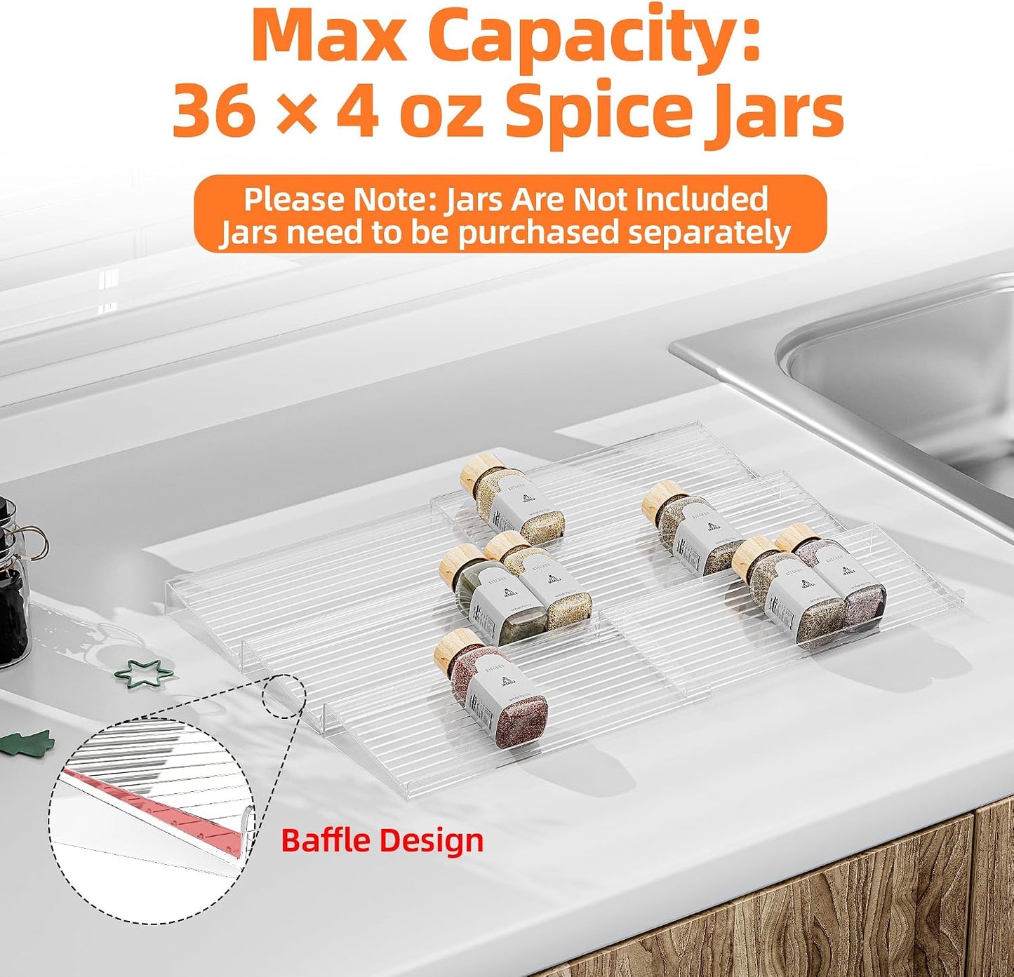 MUDEELA Clear Spice Drawer Organizer, 4 Tier- 2 Set (8 Packs) Spice Rack for Drawer, Expandable From 11" to 22" Kitchen Seasoning Organizers and Storage for Drawer (Jars not included)