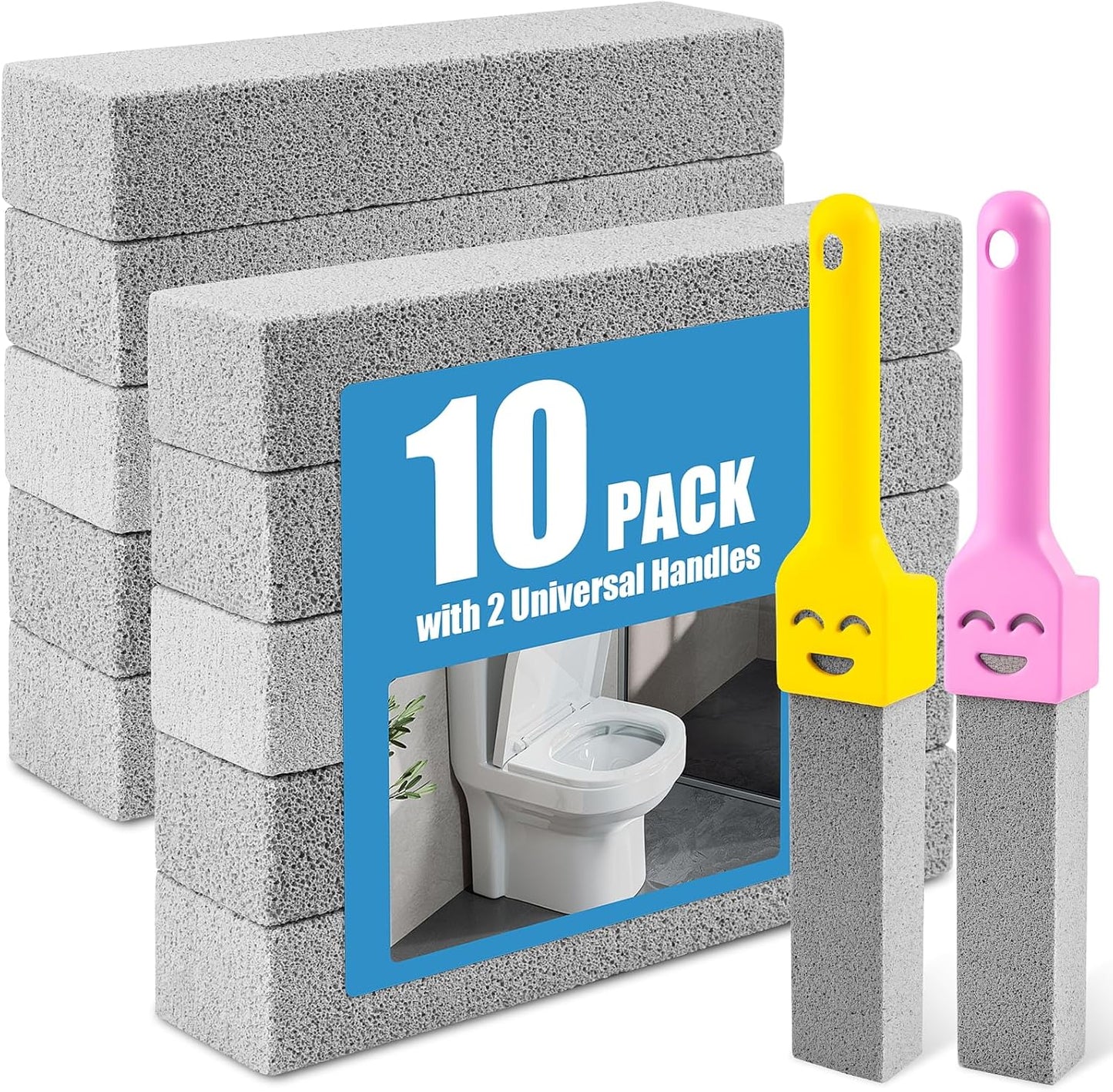 MEQHUO 10 Pack Pumice Stone with 2 Handles, Toilet Bowl Cleaner Ring Remover, Pumice Stone for Toilet Cleaning, Bathtub, Grill, Pool, Sinks, Stove Grates - Reusable Scouring Stones Cleaner